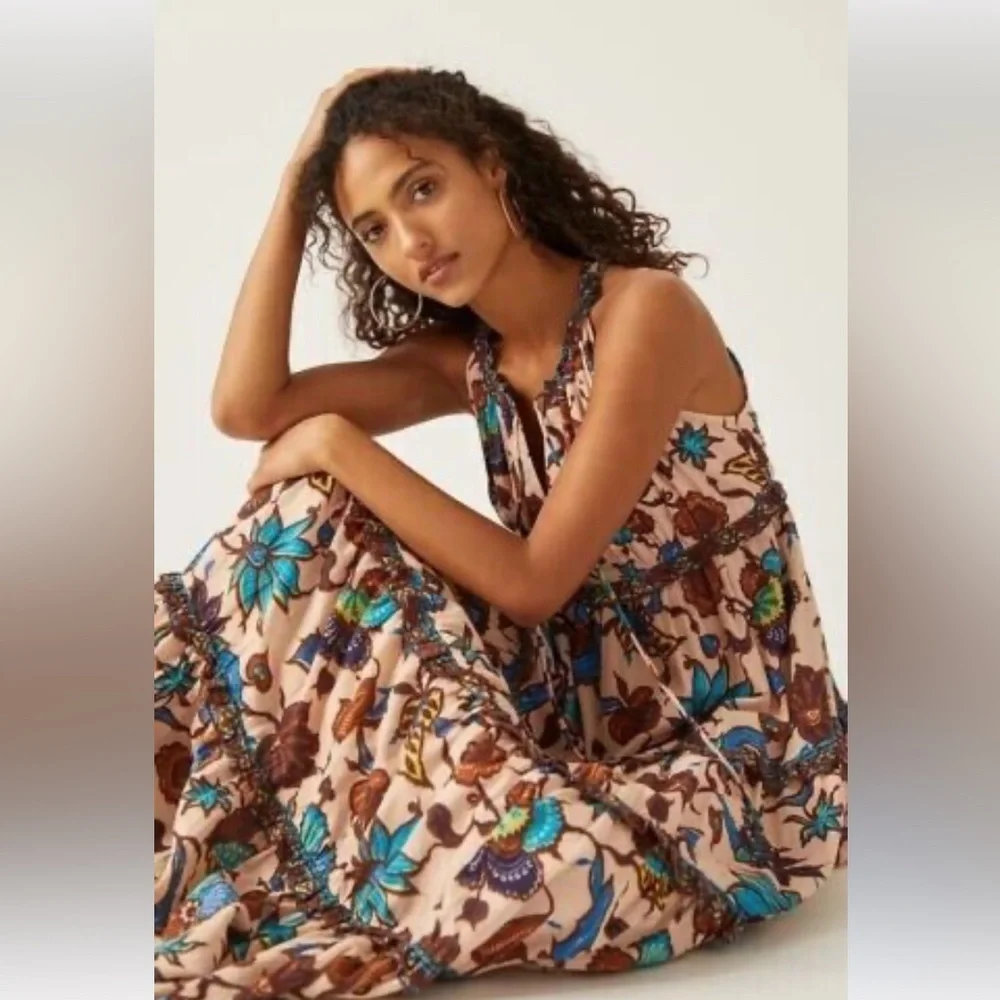 Anthro Love the label V-neck tiered ruffled maxi dress browns blues floral New S - Picture 7 of 16